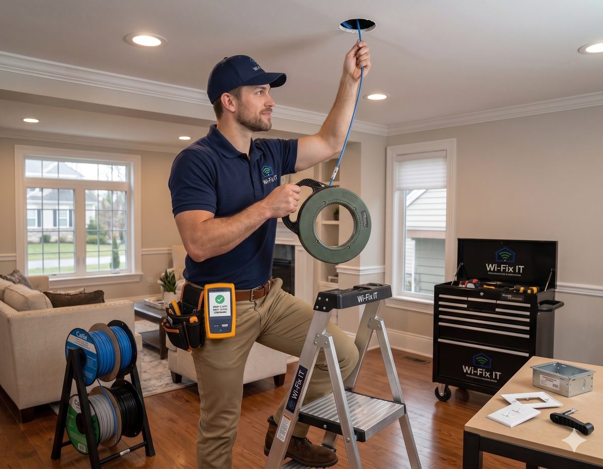 Wi-Fix IT technician pulling Cat6 through a living room ceiling drop in an Austin home