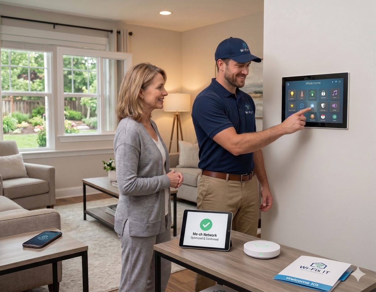 Wi-Fix IT technician walking an Austin homeowner through the network welcome kit at handoff