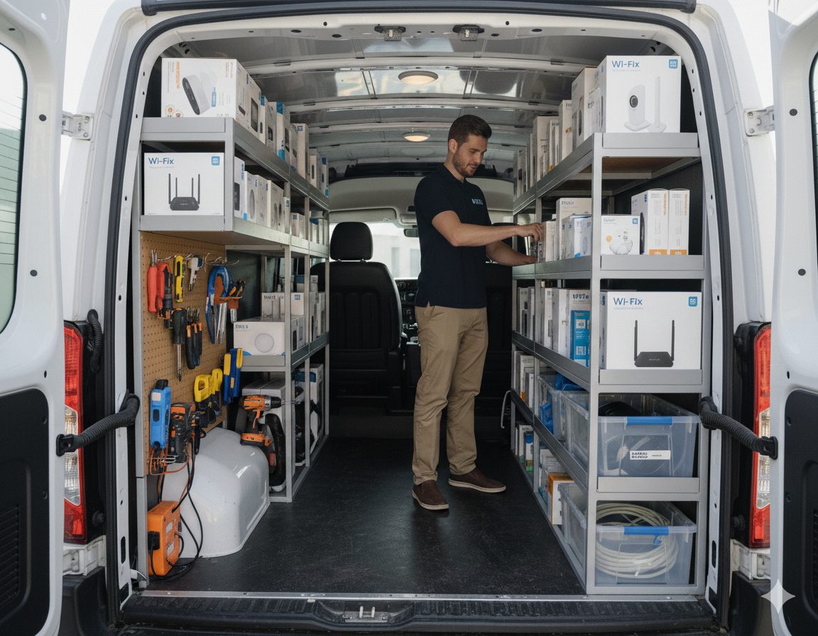 Wi-Fix IT Austin commercial networking van stocked with cabling and access point equipment