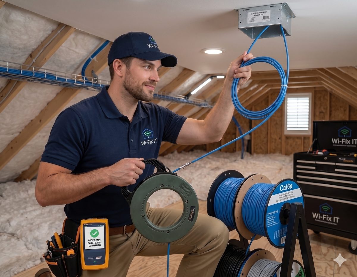 Wi-Fix IT installer running Cat6A to a TP-Link Omada access point location during rough-in