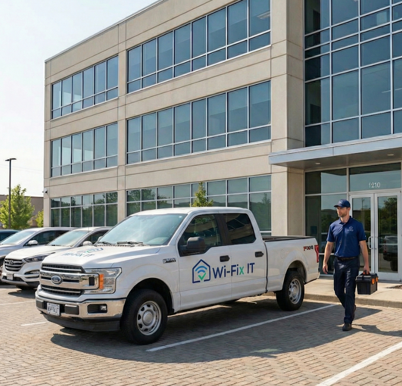 Wi-Fix IT truck at commercial building
