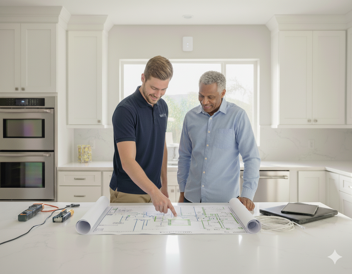 Wi-Fix IT reviewing blueprints with builder