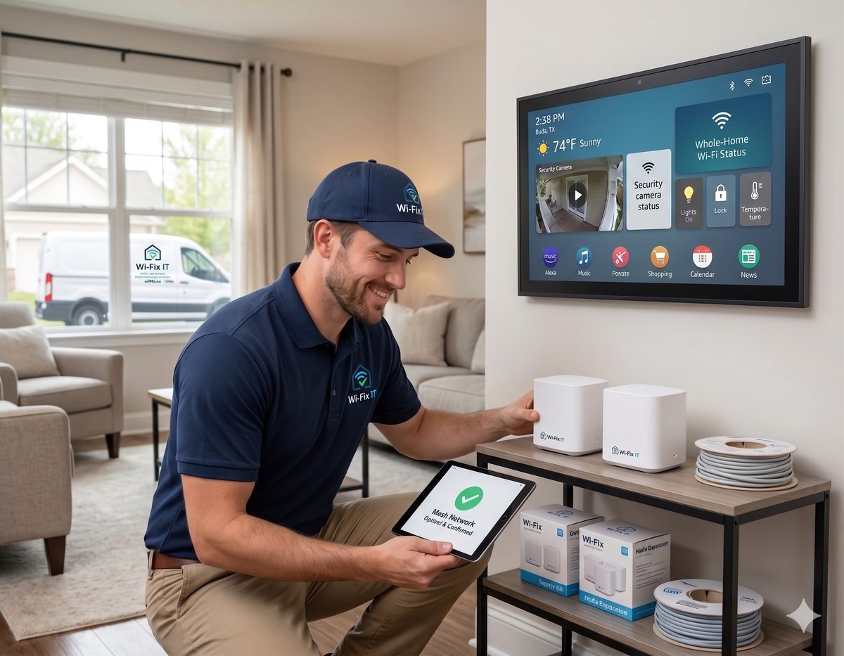 Wi-Fix IT installer configuring a security camera dashboard during an Austin install
