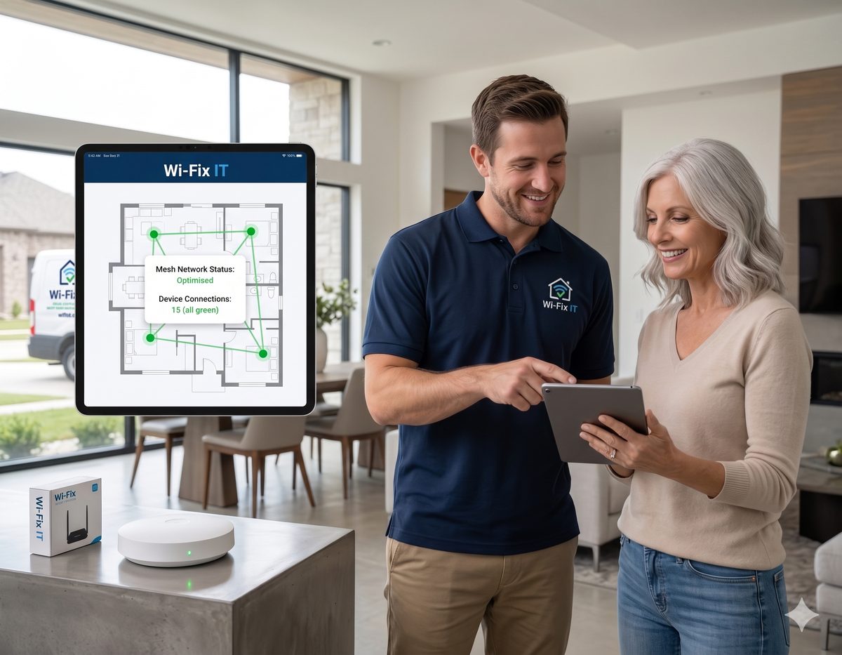 Wi-Fix IT technician reviewing the Ubiquiti UniFi controller dashboard against a floor plan with an Austin client