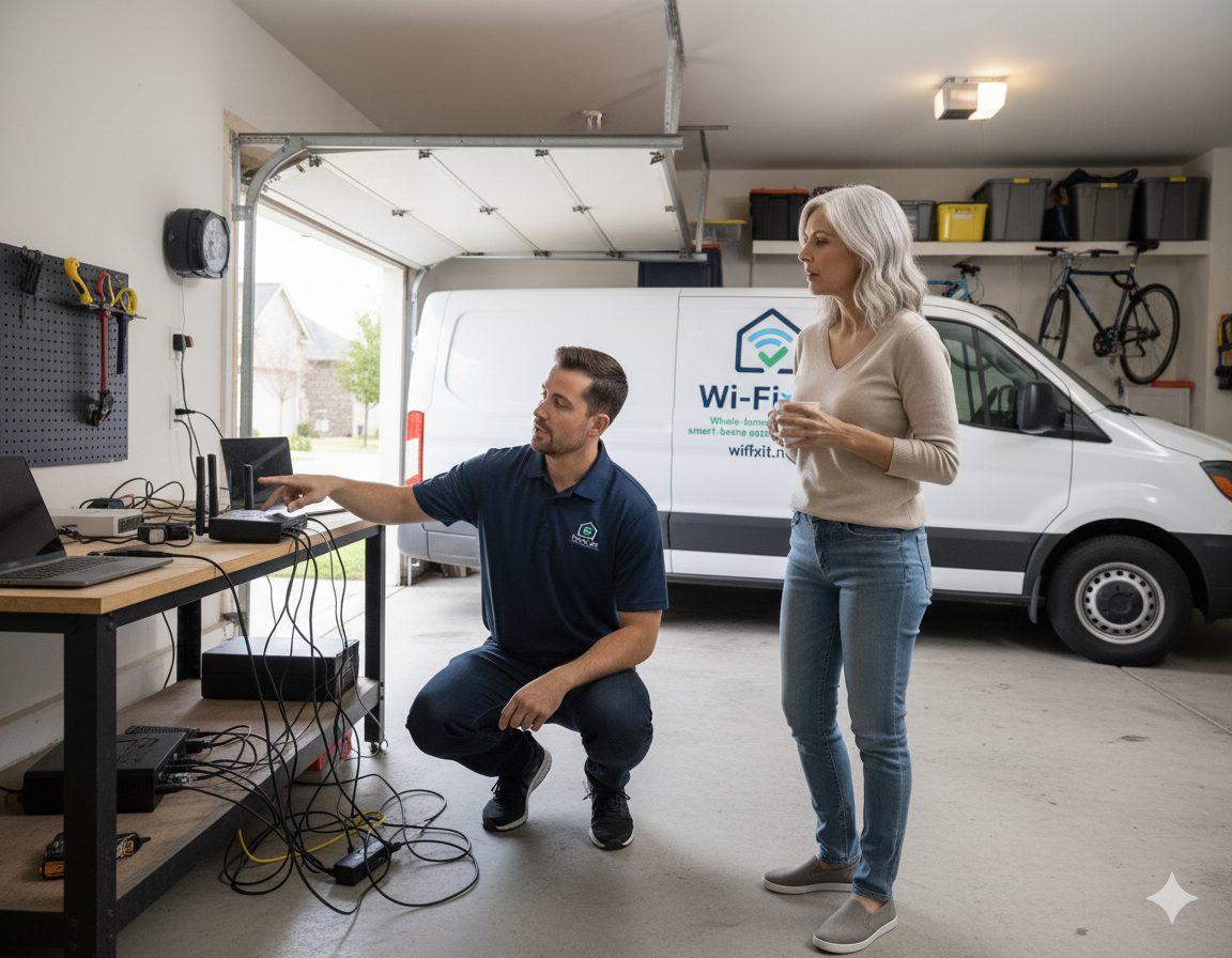 Austin technician diagnosing a residential Wi-Fi mesh network